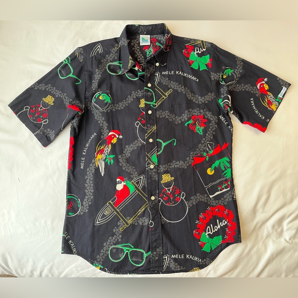 Vtg Off Shore Santa Christmas Hawaiian Button Down Shirt Size L snowman parrot